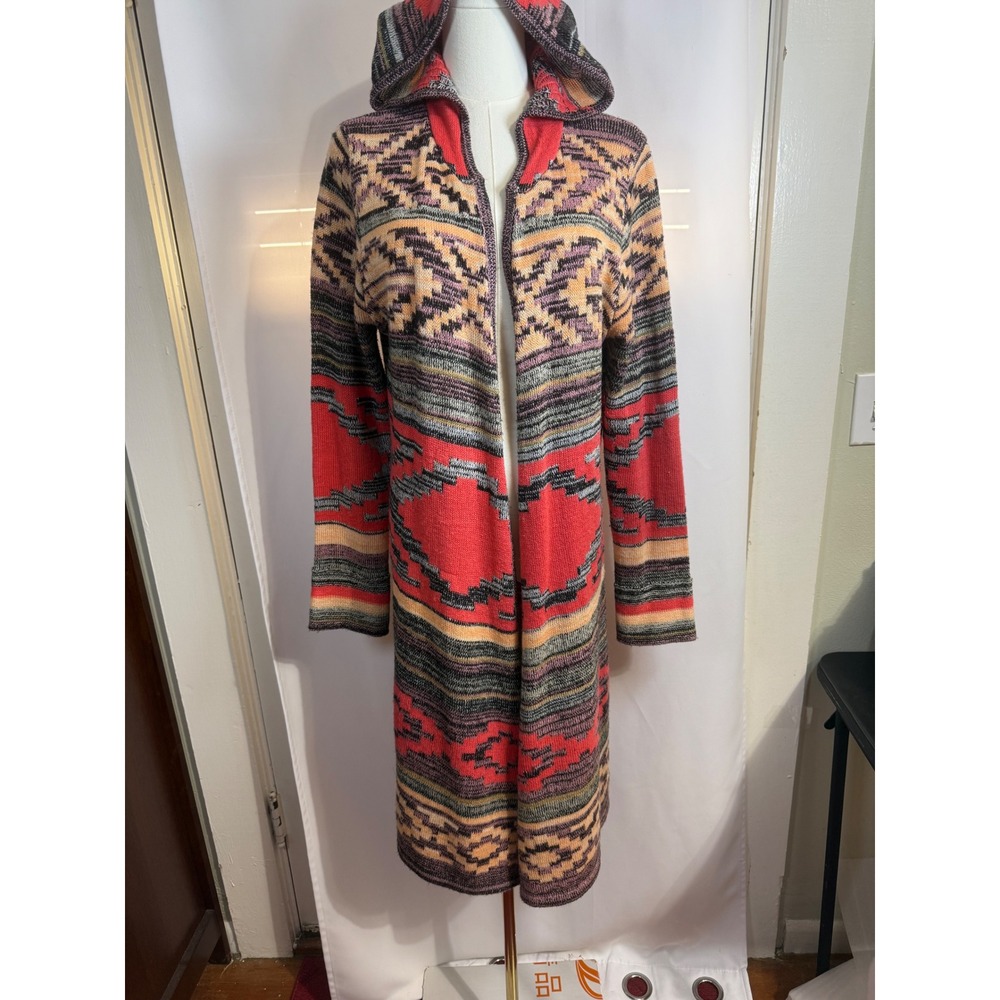 Wet Seal Womens Large Southwestern Hooded Duster Cardigan Red Geometric Knit